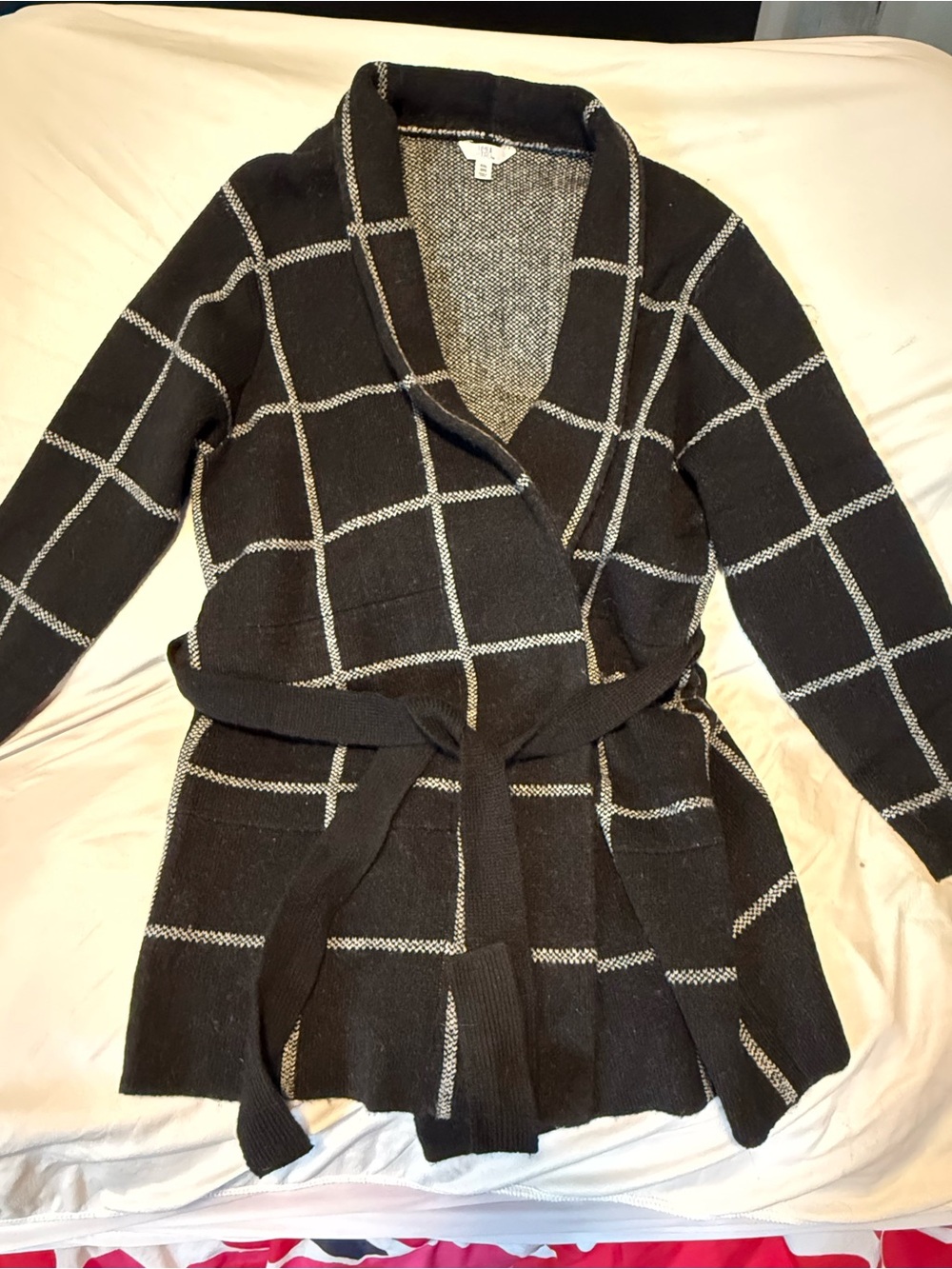 Time and Tru Black Windowpane Belted Cardigan